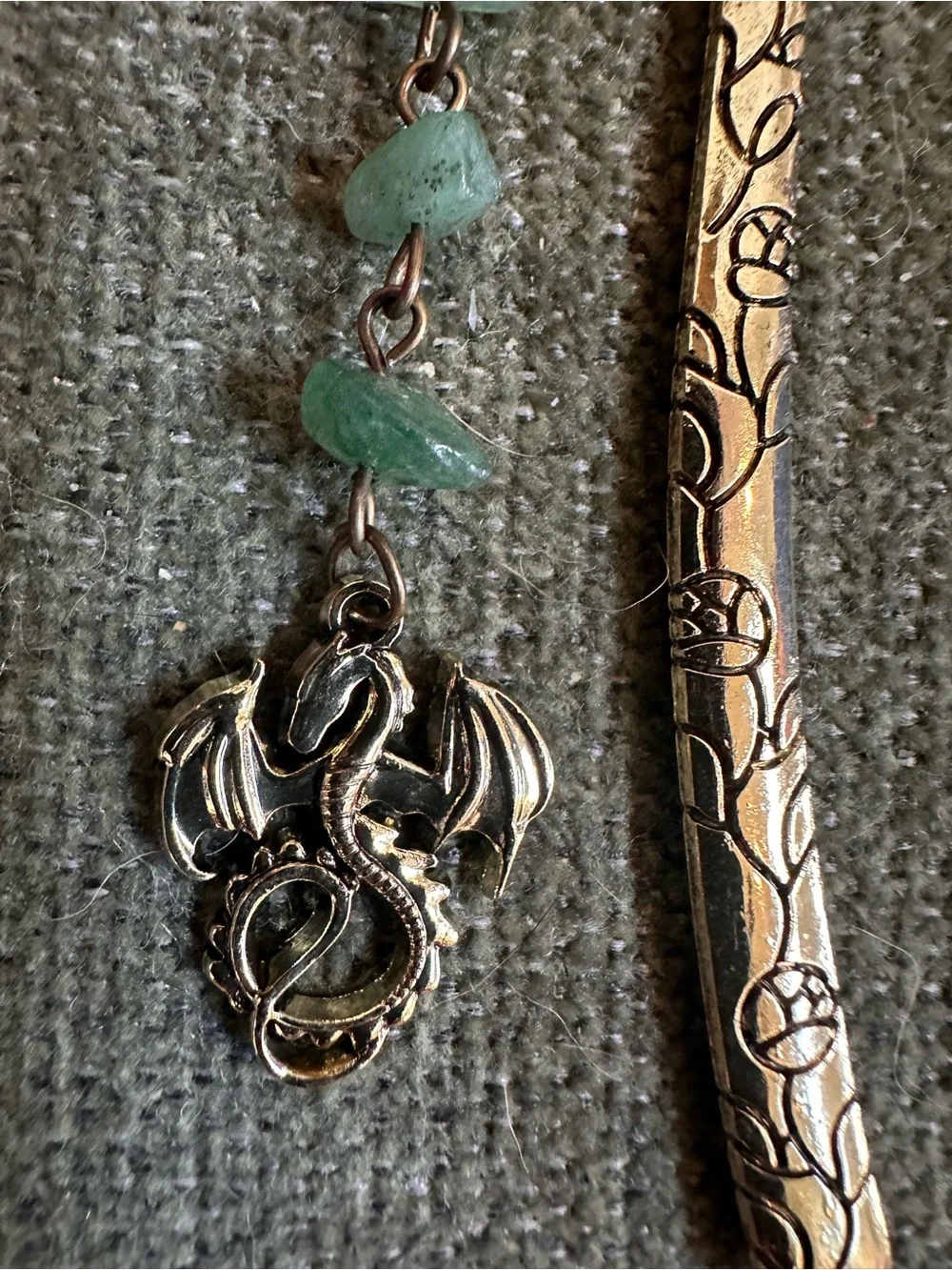 Antique Silver-Tone Dragon Bookmark with Green Stone Dangles